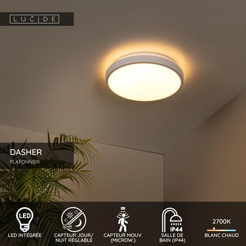 Lucide DASHER - Plafonnier Salle de bains - Ø 29,3 cm - LED - 1x12W 2700K - IP44- Détecteur De Mouvement & Jour/Nuit - Blanc - USP